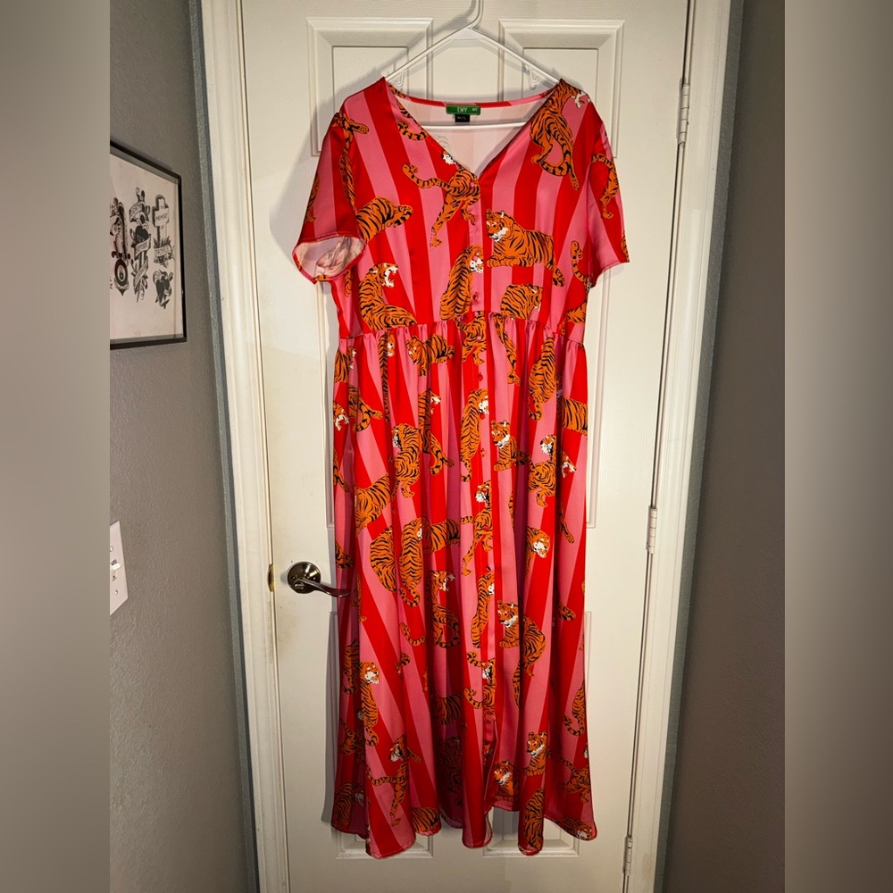 EMY AVE Red & Pink Stripe Tiger Print Maxi Dress